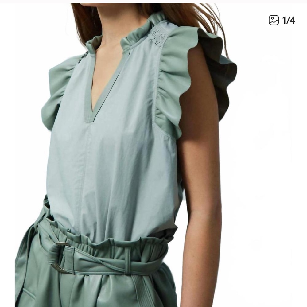 MELISSA NEPTON Sage Green Ruffle Sleeve V-Neck Top